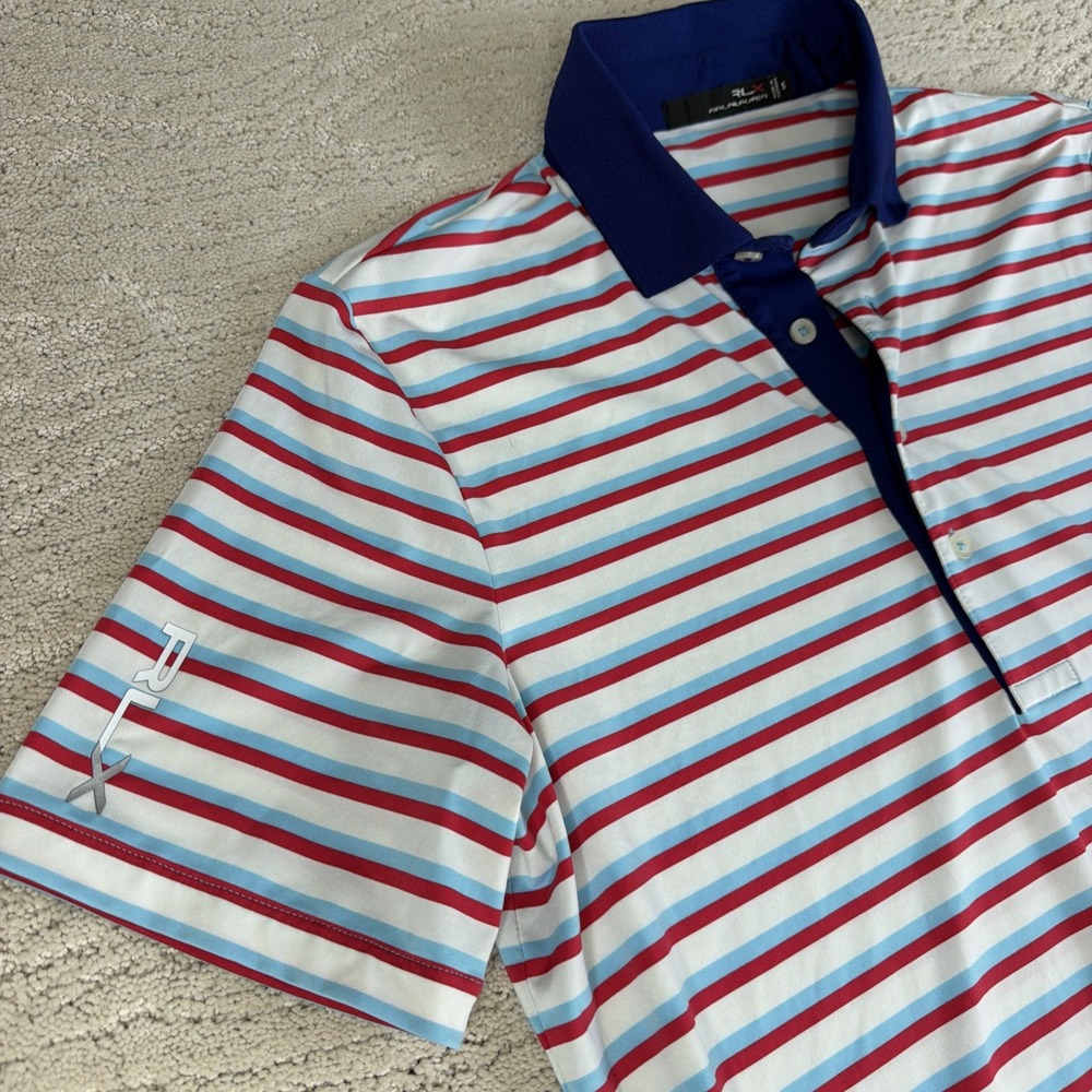 Men's RLX Ralph Lauren Size Small Red White Blue Striped Performance Golf Polo